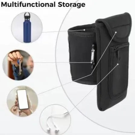 Magnetic fitness cup sleeve with carabiner clip attached to backpack, holding large sports bottle