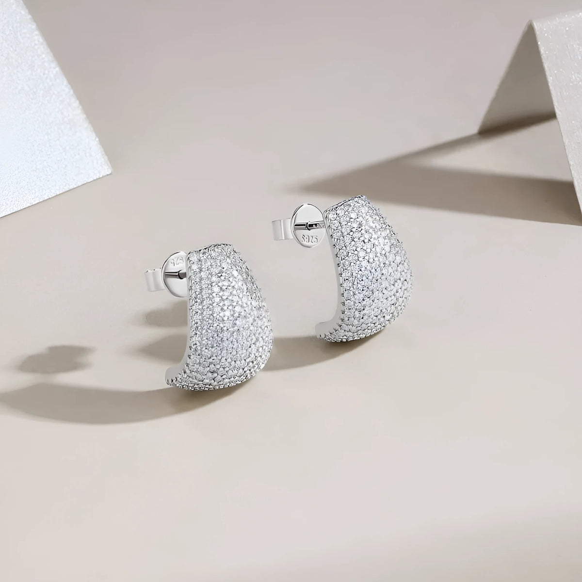Geometric S925 sterling silver ear studs with moissanite stones in GRA gift box