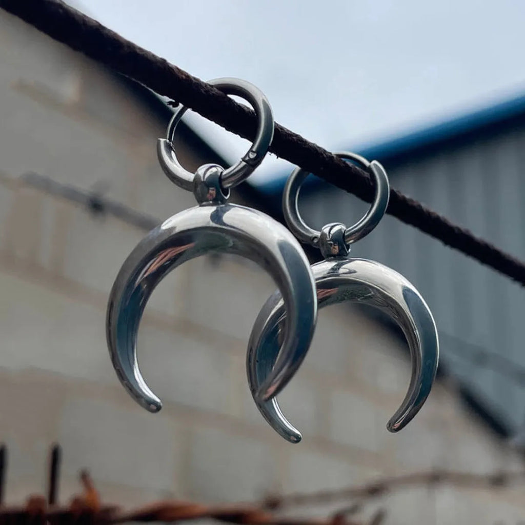 Silver geometric moon hoop earrings with punk-style ear clips, gothic lunar design on alloy base