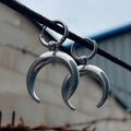 Silver geometric moon hoop earrings with punk-style ear clips, gothic lunar design on alloy base