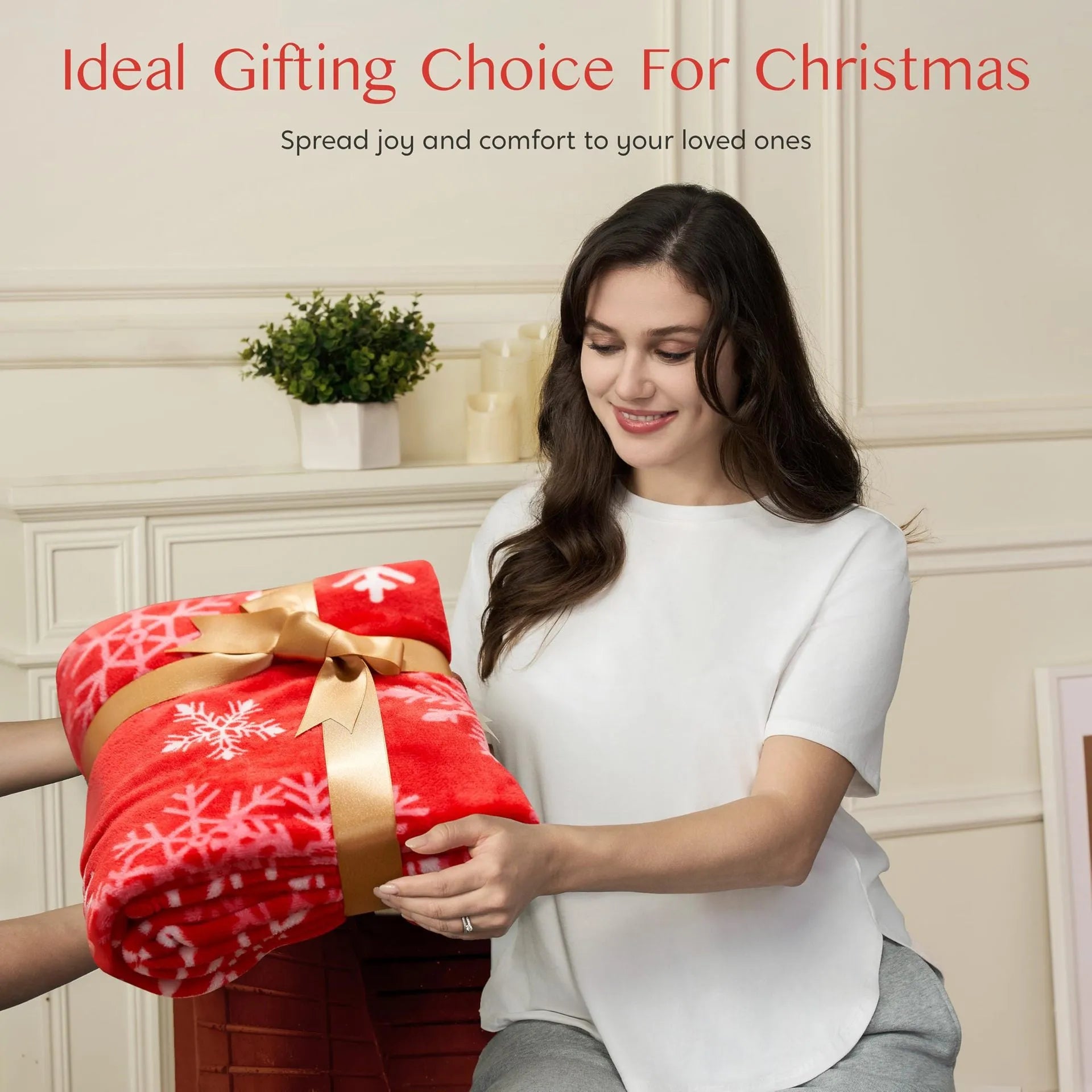 Polyester fibre Christmas blanket with soft flannel texture showing available size range from 70cm to 264cm wide