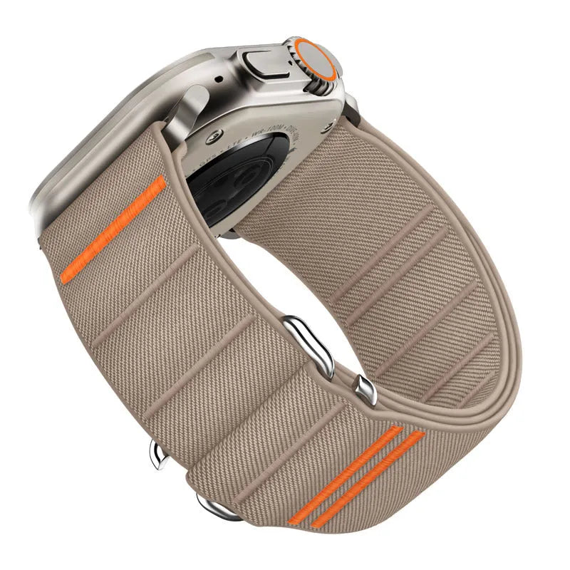 Elastic nylon Apple Watch replacement strap with stainless steel buckle in army green colour