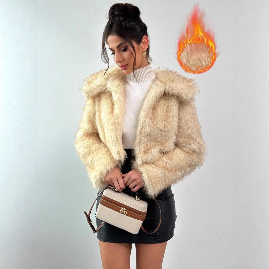 Black artificial fur coat with a large fur collar, shown in a short length style.