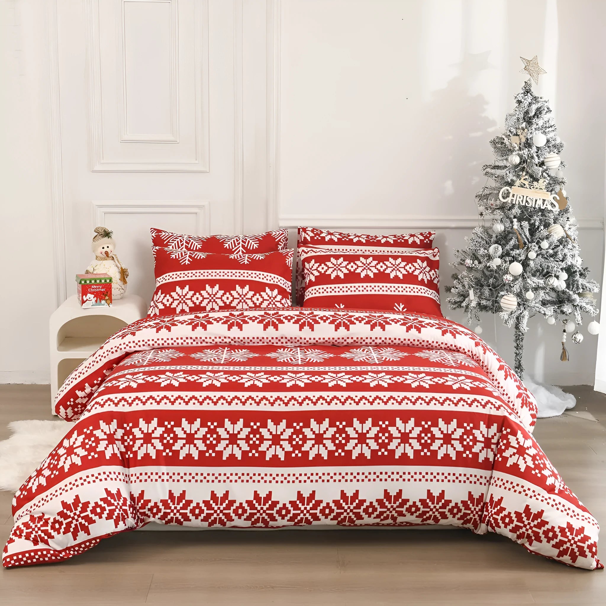 Red winter sleepers pattern bed three-piece set with Christmas Love Song design on chemical fibre fabric