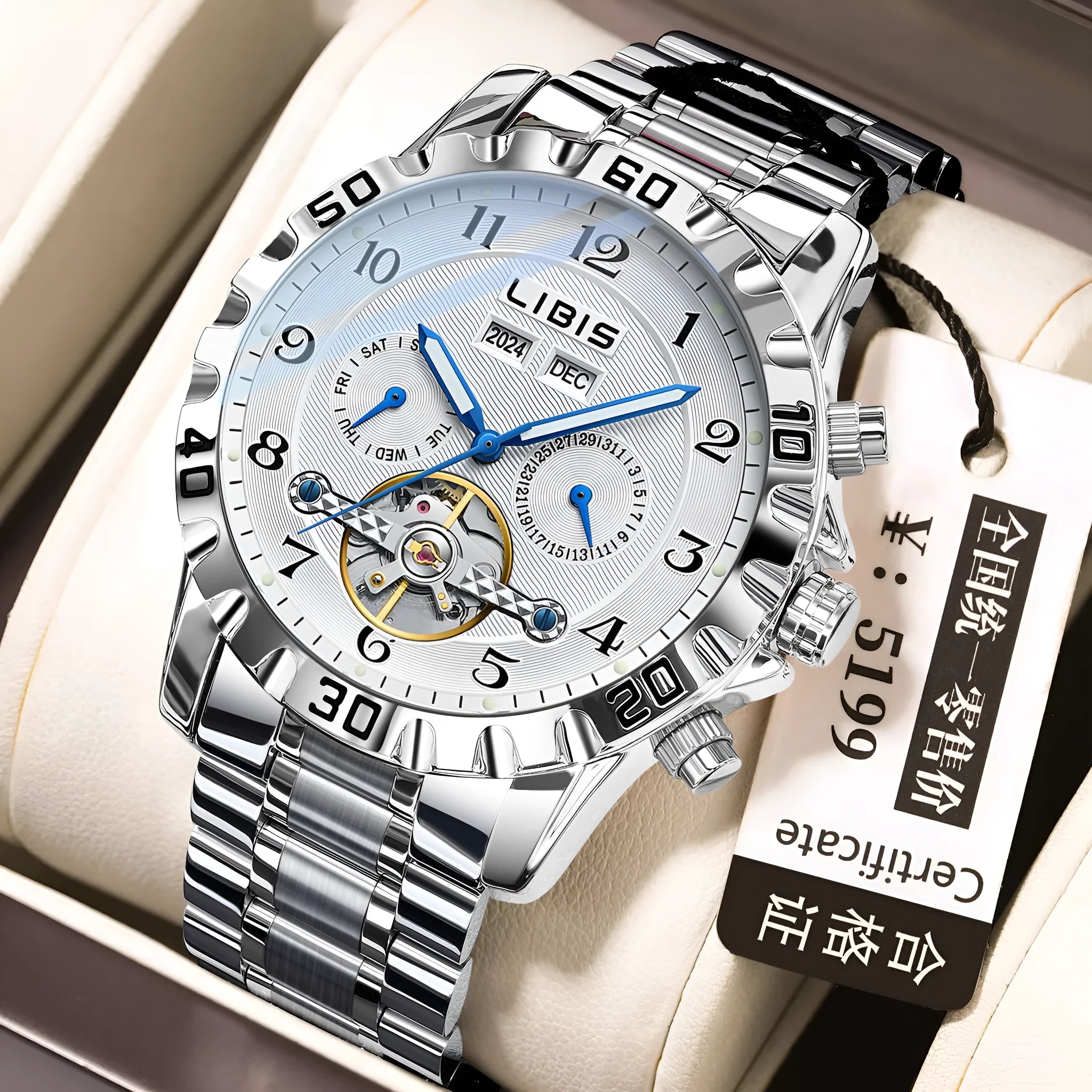 Men's silver automatic perpetual calendar mechanical watch with stainless steel strap and sapphire glass