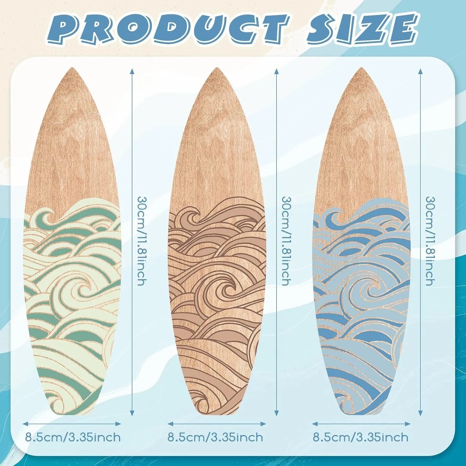 Three identical wooden surfboard shaped wall decorations on a white background.