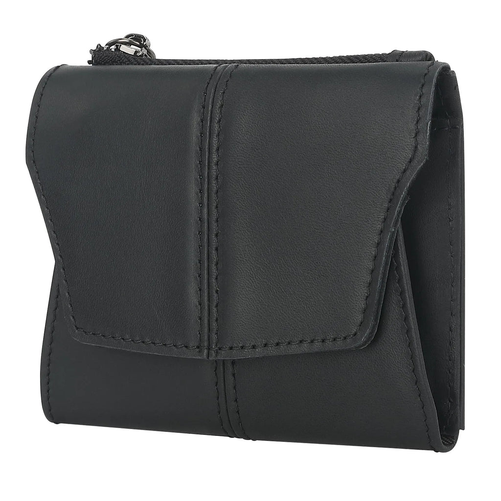 Genuine cowhide leather coin purse in retro style with stitching details and lock closure