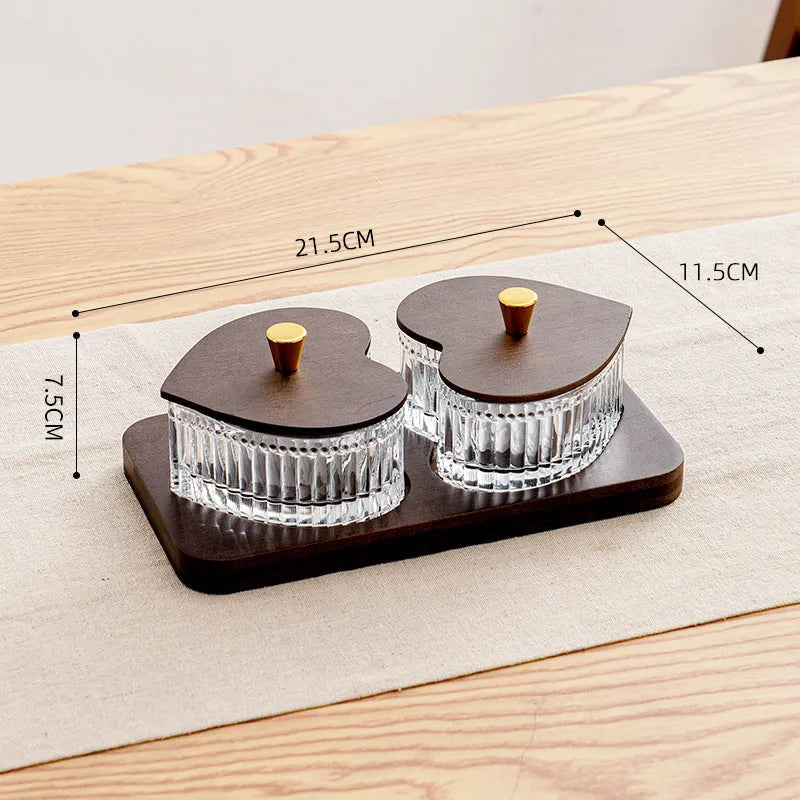Glass snack platter with coloured glaze and transparent heart-shaped lids in retro style