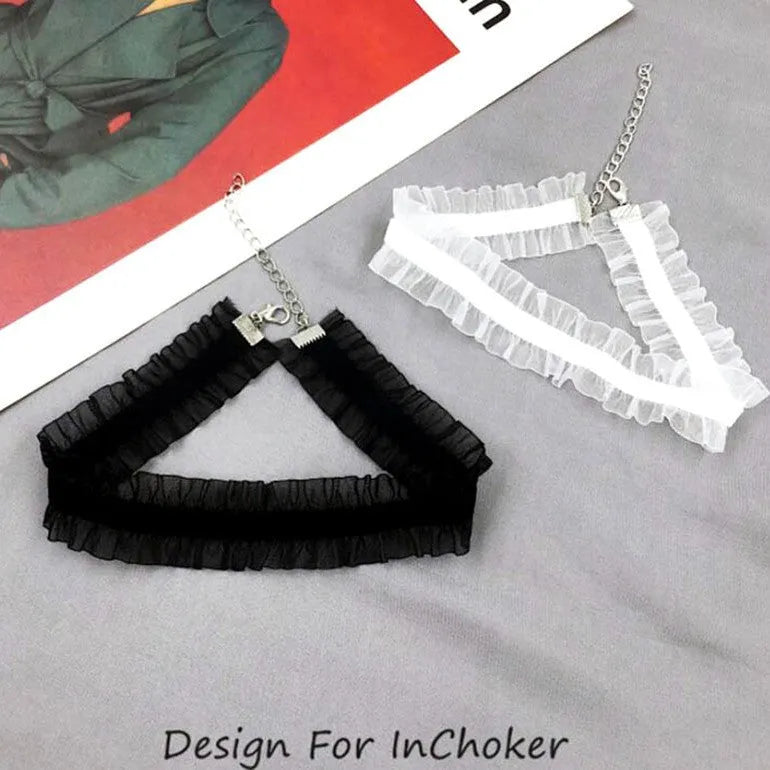 Velvet ruffle clavicle necklace with floral pendant and snake bones chain in three colour options