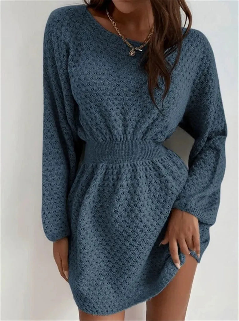 Blue women's knitted dress with hand-crocheted flowers and fitted waist