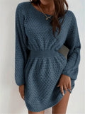 Blue women's knitted dress with hand-crocheted flowers and fitted waist