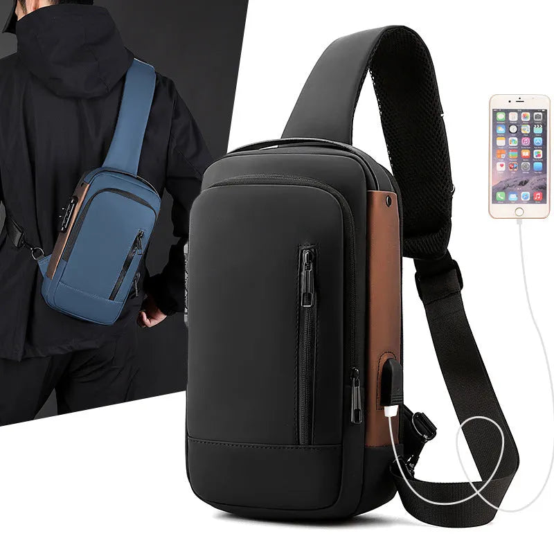 Anti-theft men's crossbody chest bag, nylon, 25 inch, lock feature, black grey blue black gold
