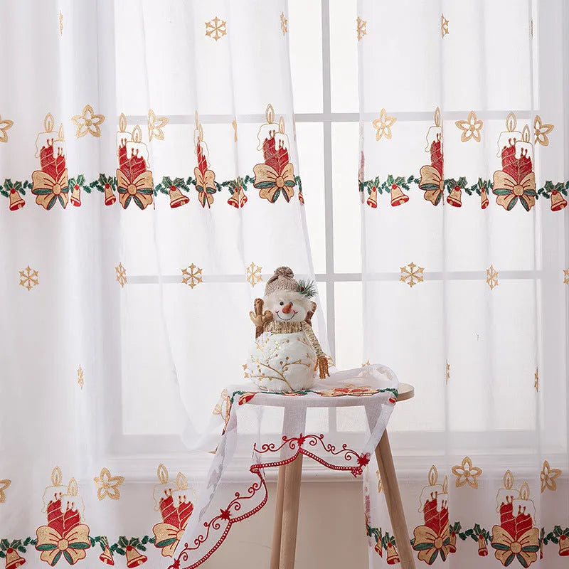 Pair of American-style Christmas curtains with snowflake embroidery on polyester fabric
