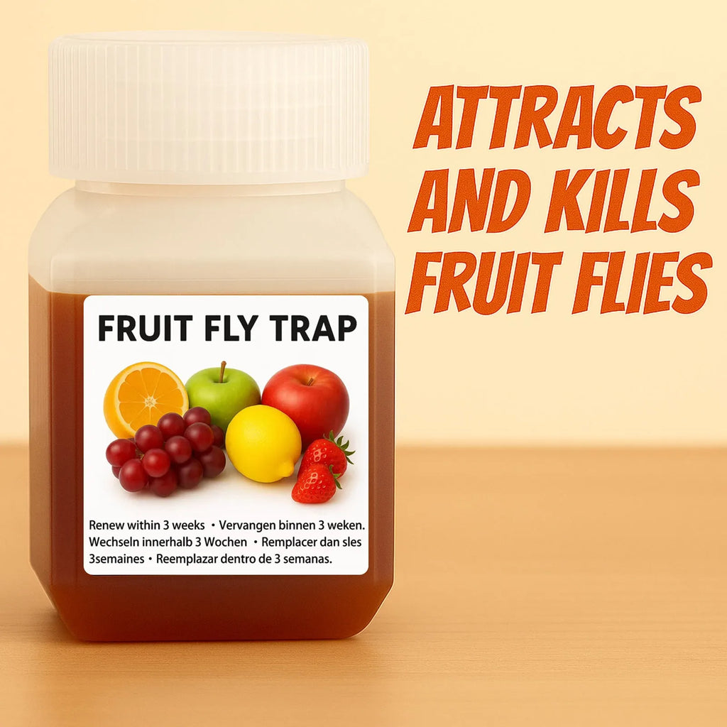 90ml bottle of SK003 fruit fly bait liquid on a kitchen counter near a fruit bowl.