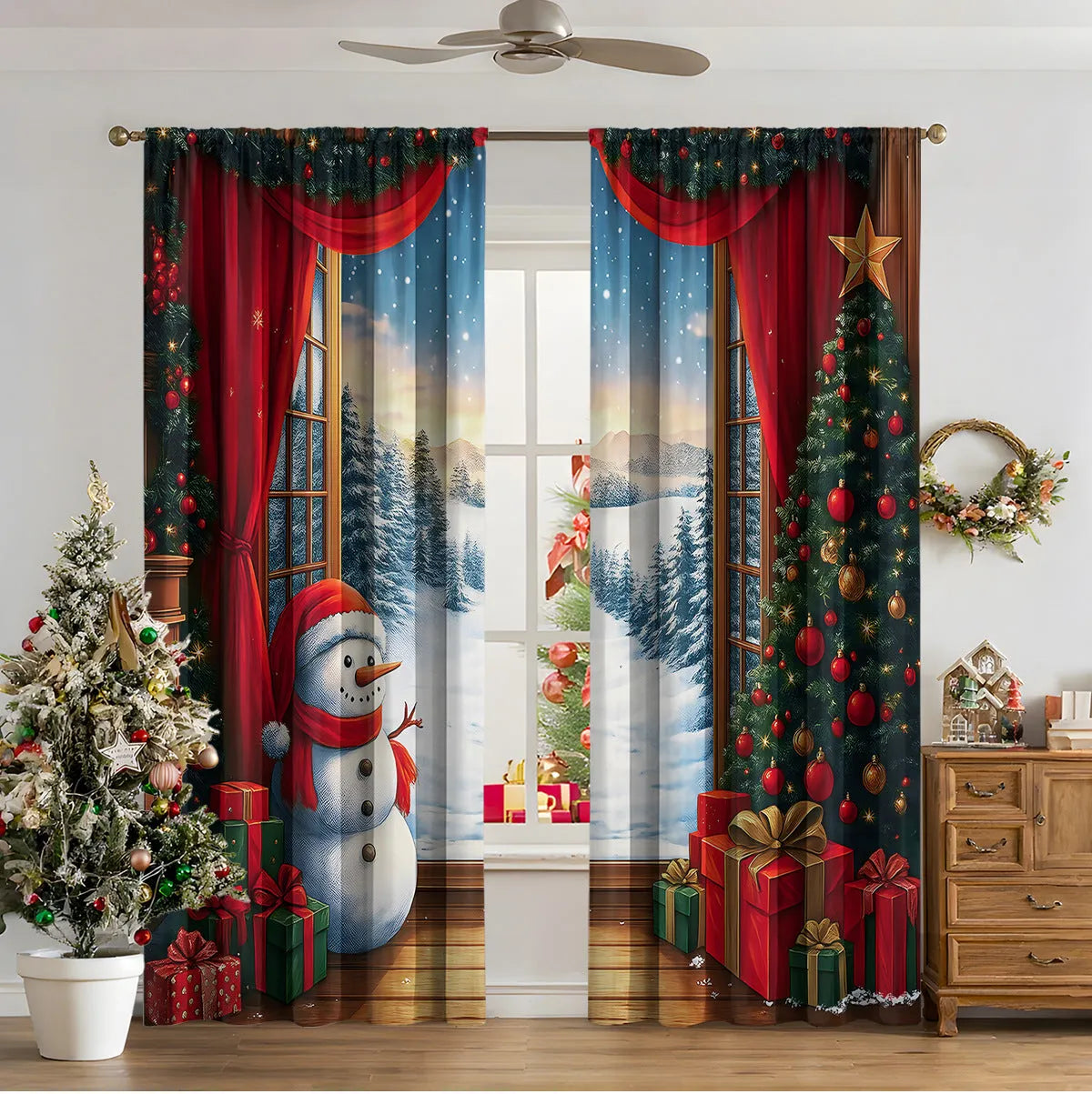3D digital printed Christmas curtains in European colour designs with high sunshade function