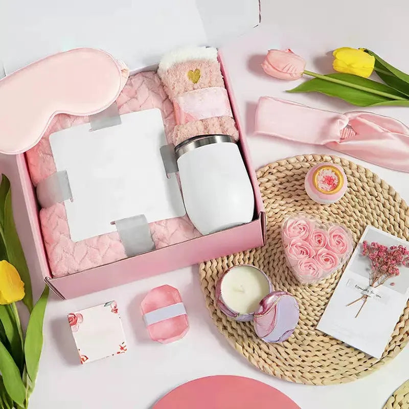 Aromatherapy candle gift box with multiple colour suit options including pink, purple, blue, black, and sunflower designs.