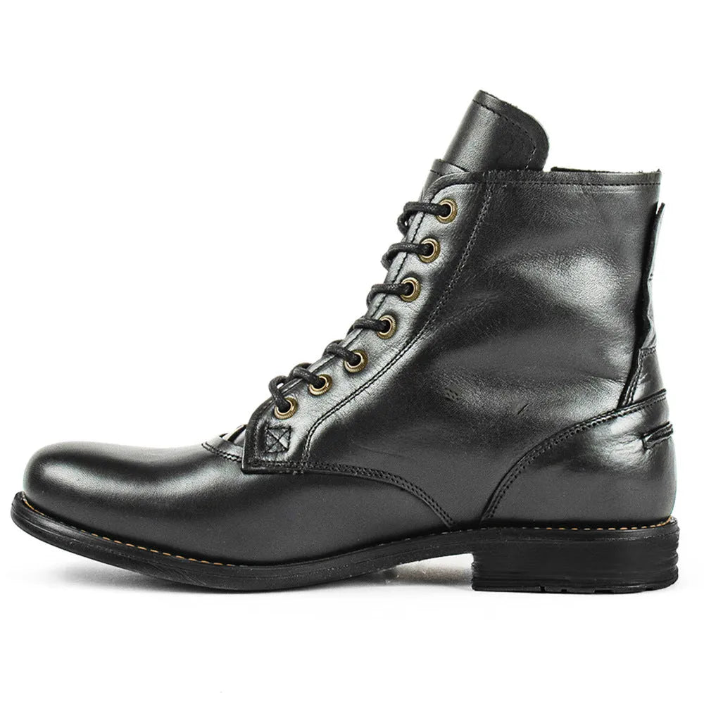 Men's black and brown two-tone leather ankle boots with a side zipper.