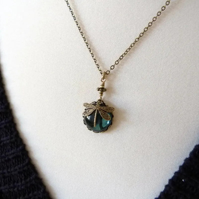 Hand carved dragonfly pendant necklace with vintage bronze finish on 925 sterling silver