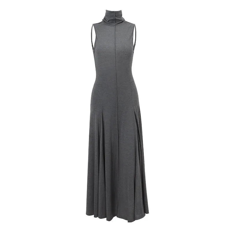 Grey slim-fit women's backless dress with half turtleneck neckline and high waist design