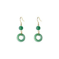 Green geometric peace buckle earrings with 14K gold plating on a zinc alloy base.