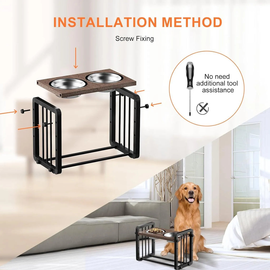 Black wooden dog bowl stand with non-slip brackets measuring 37x23cm