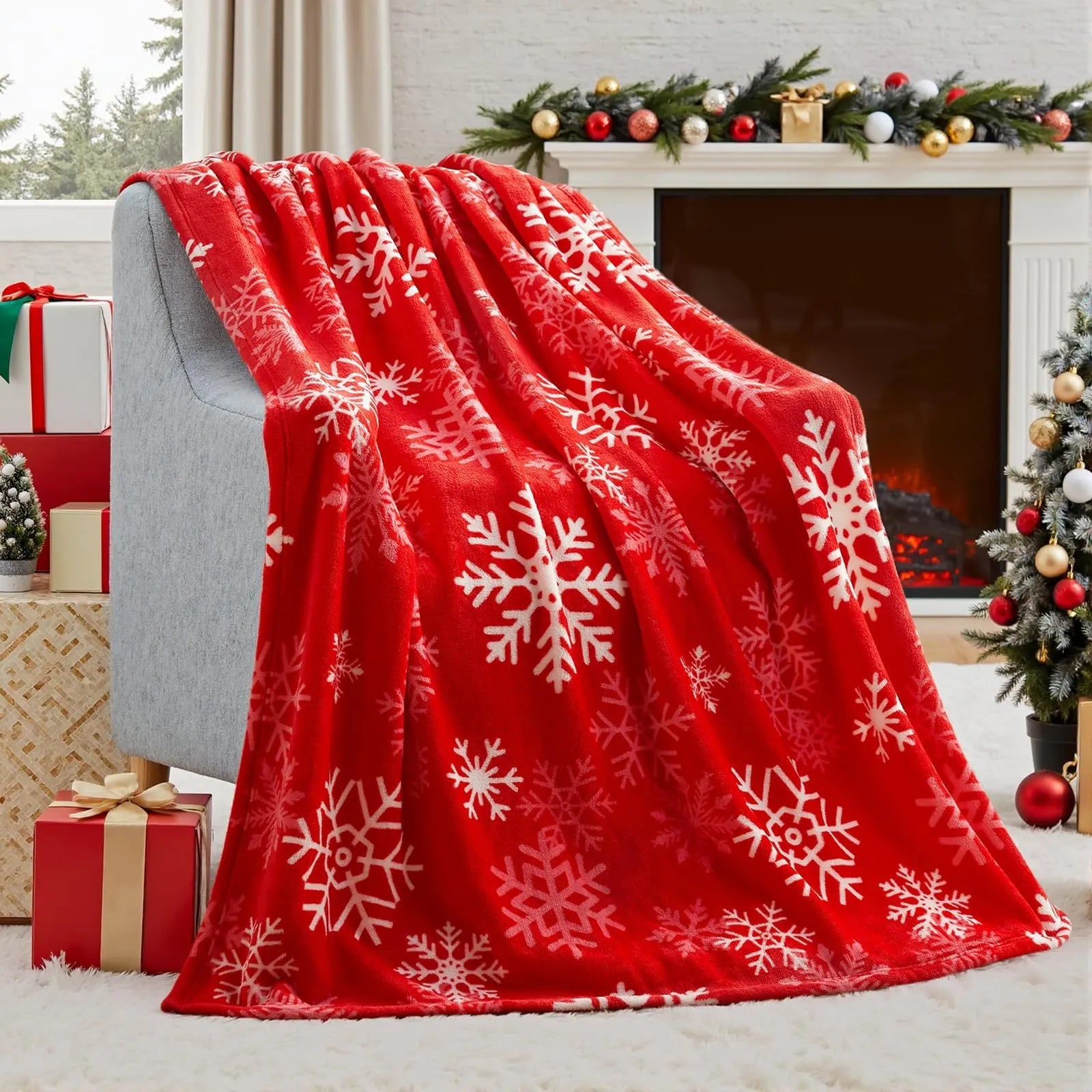 Polyester fibre Christmas blanket with soft flannel texture showing available size range from 70cm to 264cm wide