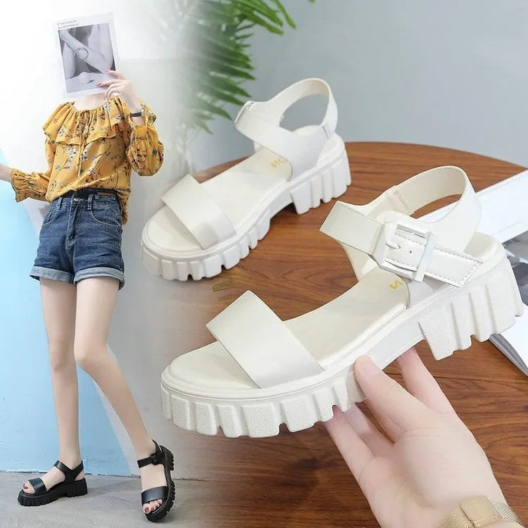 Women's beige peep toe sandals with ankle-strap buckle and platform heel in college style
