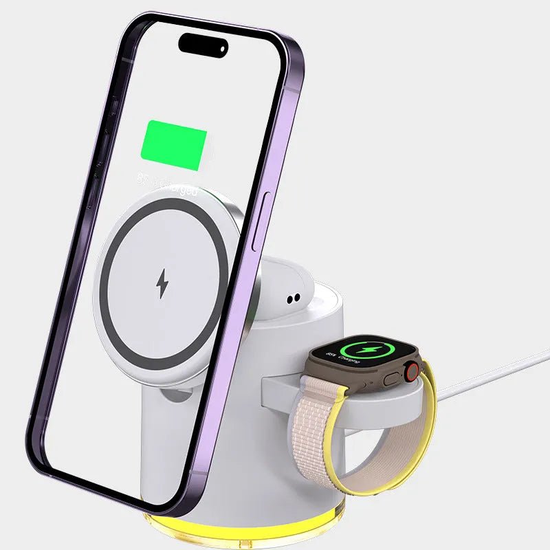 C16 portable magnetic three-in-one wireless folding charger in black and ivory white colours