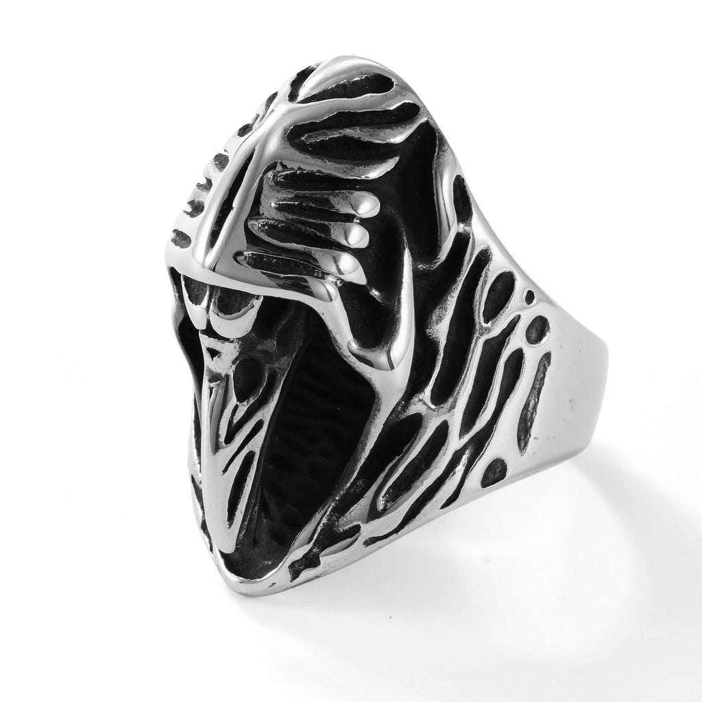 Stainless steel crow ring in MR166 colour with geometric shape and retro punk style.
