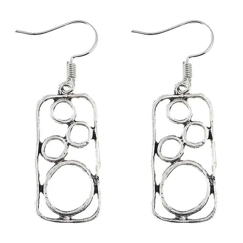 Geometric round ring earrings with irregular square shapes in antique silver finish