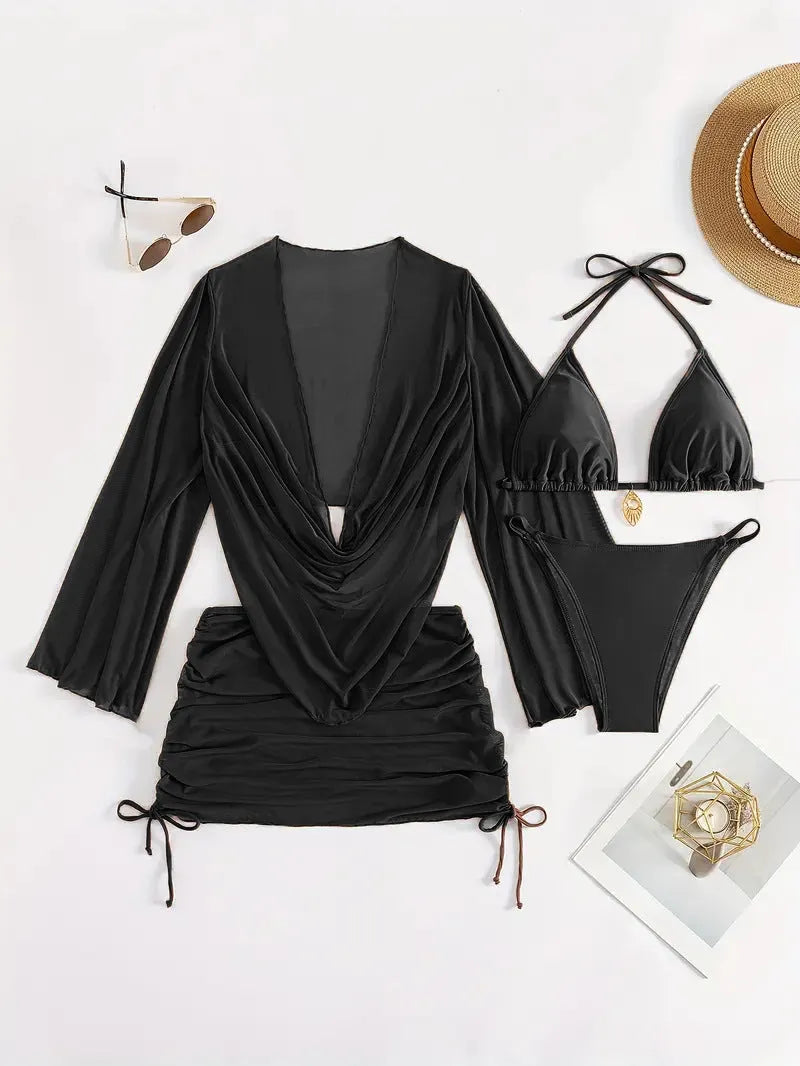 Women's European style blouse lace-up bikini swimsuit in dark brown or black with backless design