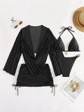 Women's European style blouse lace-up bikini swimsuit in dark brown or black with backless design