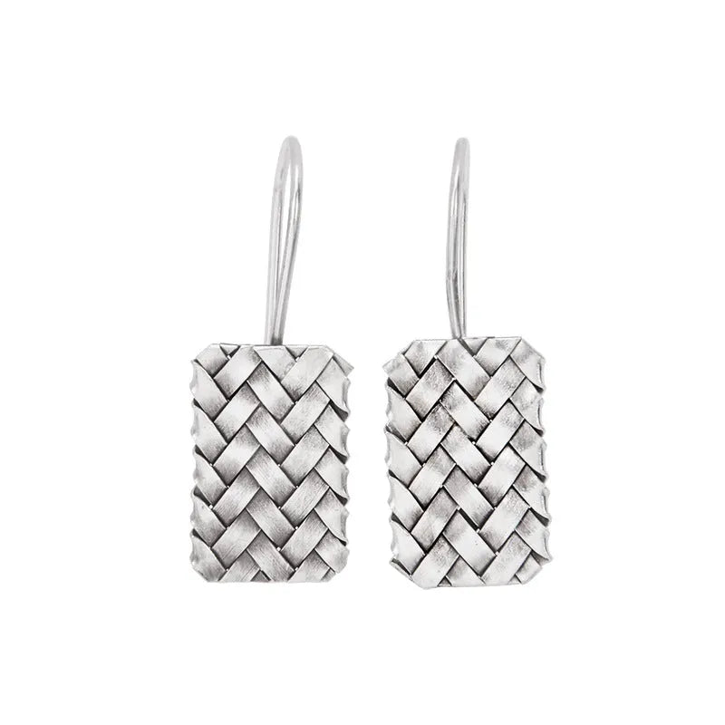 925 silver geometric diamond plaid earrings with woven pattern measuring 17.5mm x 11mm
