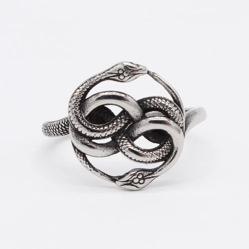 Titanium steel double snake ring in retro European American design, steel colour finish