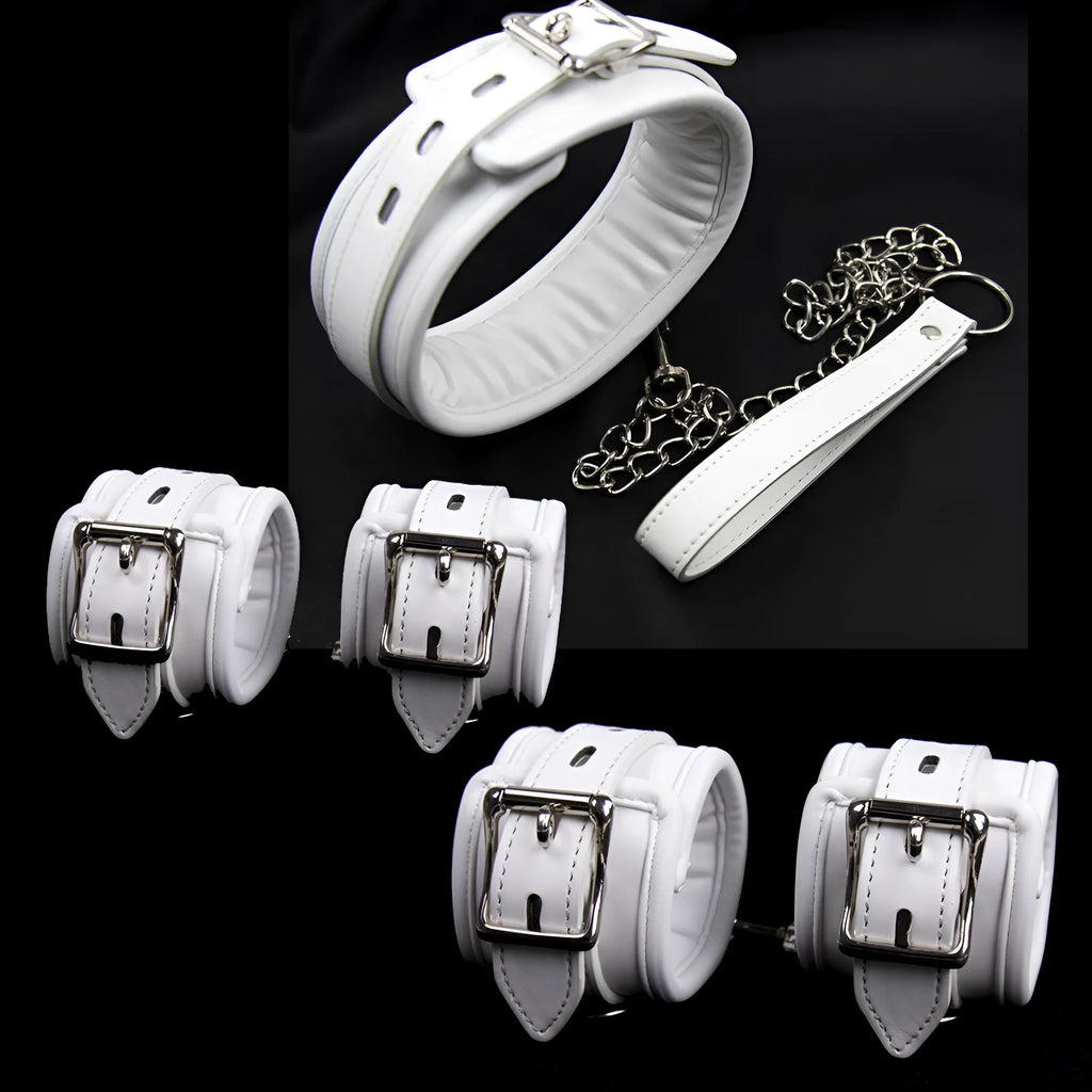 White PU sponge bondage set showing handcuffs, footcuffs and neck scarf with adjustable straps