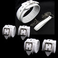 White PU sponge bondage set showing handcuffs, footcuffs and neck scarf with adjustable straps