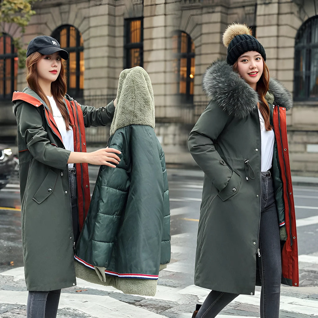 Women's long white trench coat with 100cm length, cotton-padded construction, and elegant style long sleeves