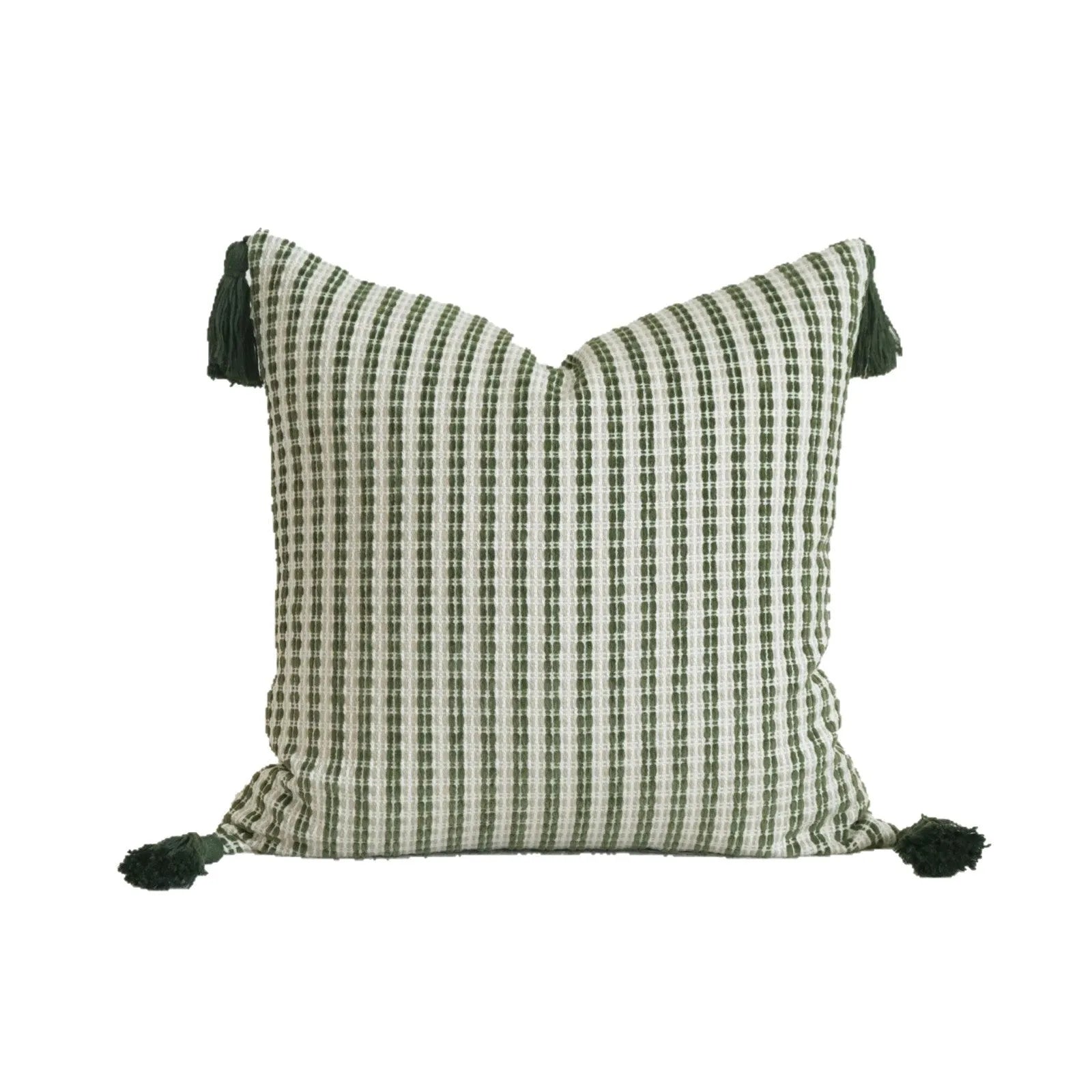 Green cotton linen hotel sample pillow with tassel decoration and silk floss filling