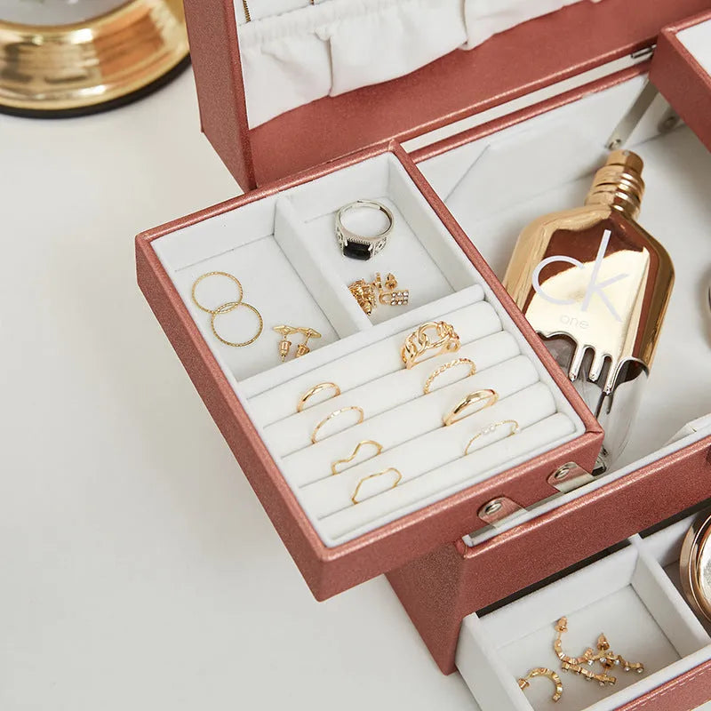 PU leather jewellery storage box in solid colour with hard case construction 22.5x15.5x14cm