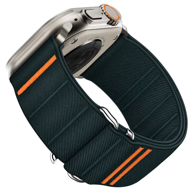 Elastic nylon Apple Watch replacement strap with stainless steel buckle in army green colour