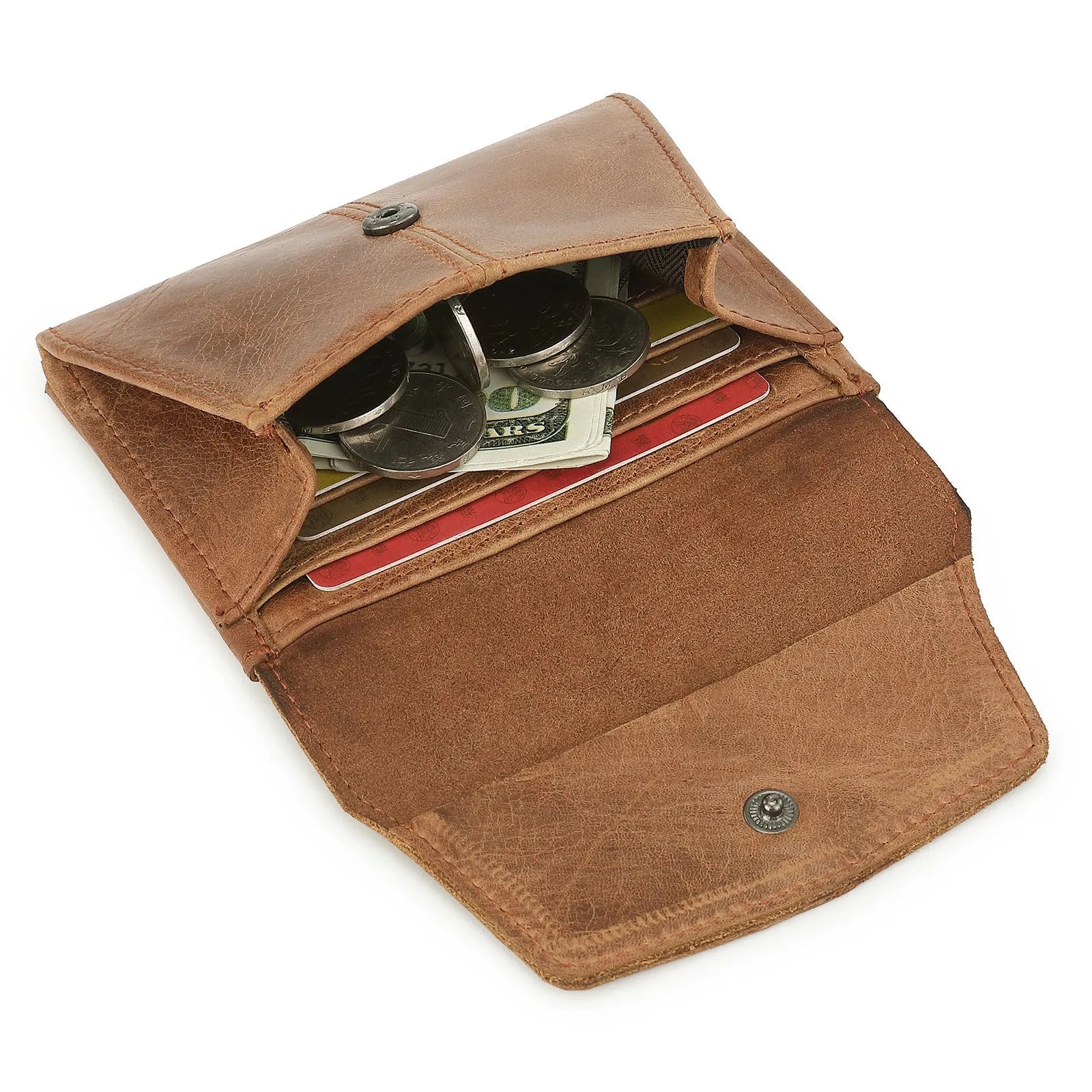 Genuine cowhide leather coin purse in retro style with stitching details and lock closure