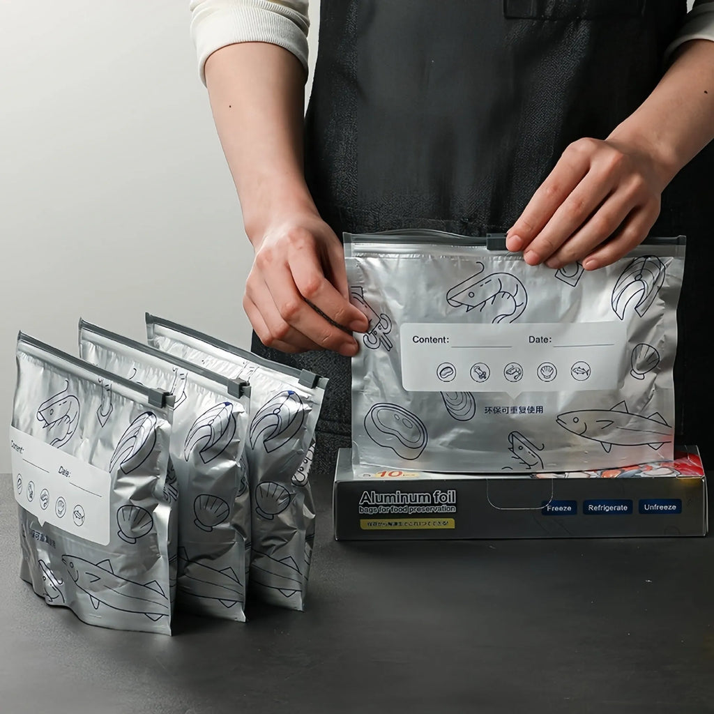 Set of aluminium foil sealed fresh bags and boxes in three sizes for food storage.