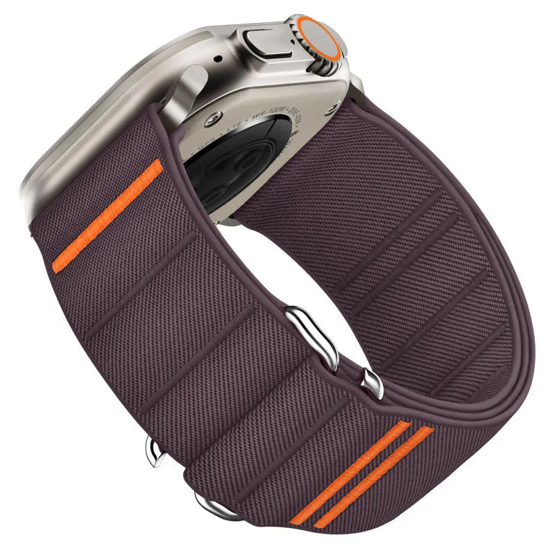 Elastic nylon Apple Watch replacement strap with stainless steel buckle in army green colour