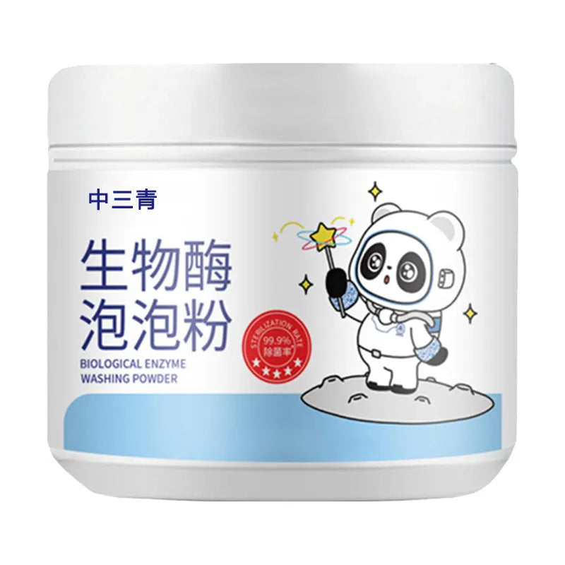 Bottle of biological enzyme bubble laundry powder for stain removal on delicate fabrics.