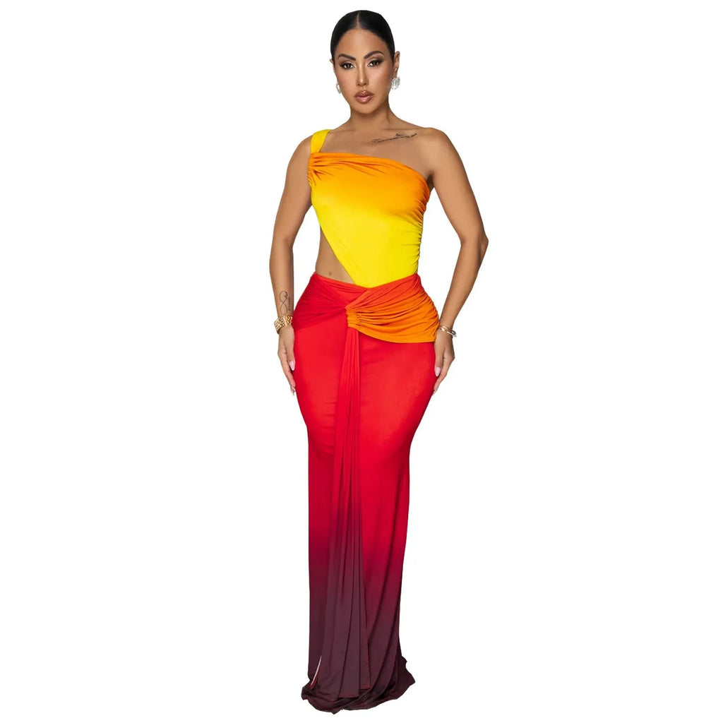 Women's gradient colour cross-shoulder sleeveless dress with high waist and long skirt.