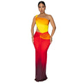 Women's gradient colour cross-shoulder sleeveless dress with high waist and long skirt.