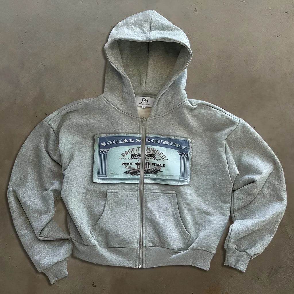 Loose fit unisex hoodie jacket with zip-up front, zippered pockets, and letter pattern design in black colour