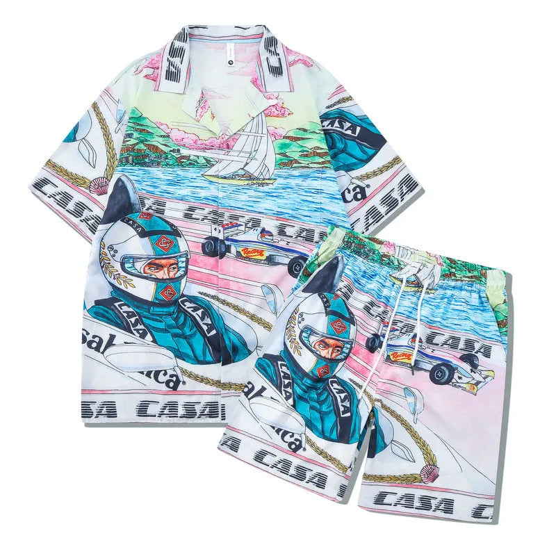 Plaid printed beach outfit for men, consisting of a short sleeve shirt and matching shorts.