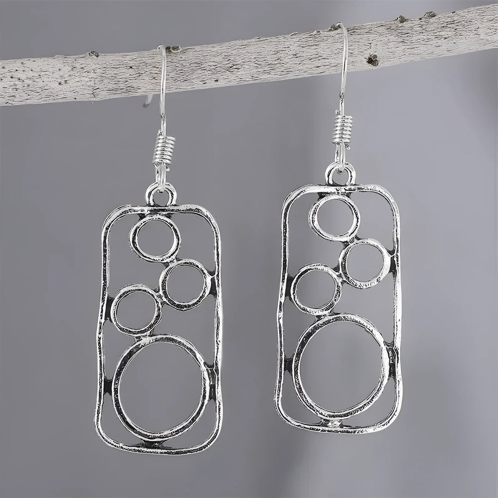 Geometric round ring earrings with irregular square shapes in antique silver finish