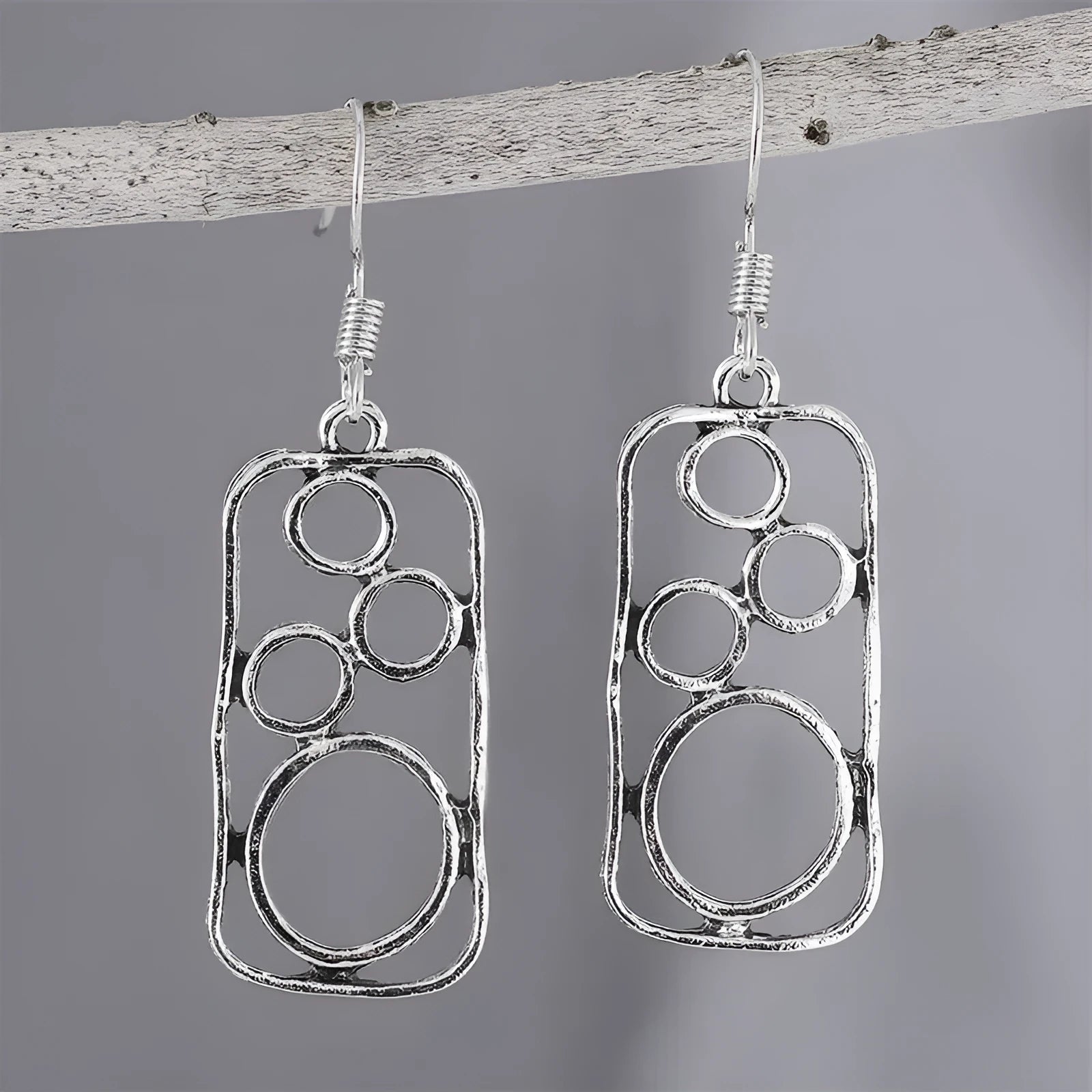 Geometric round ring earrings with irregular square shapes in antique silver finish